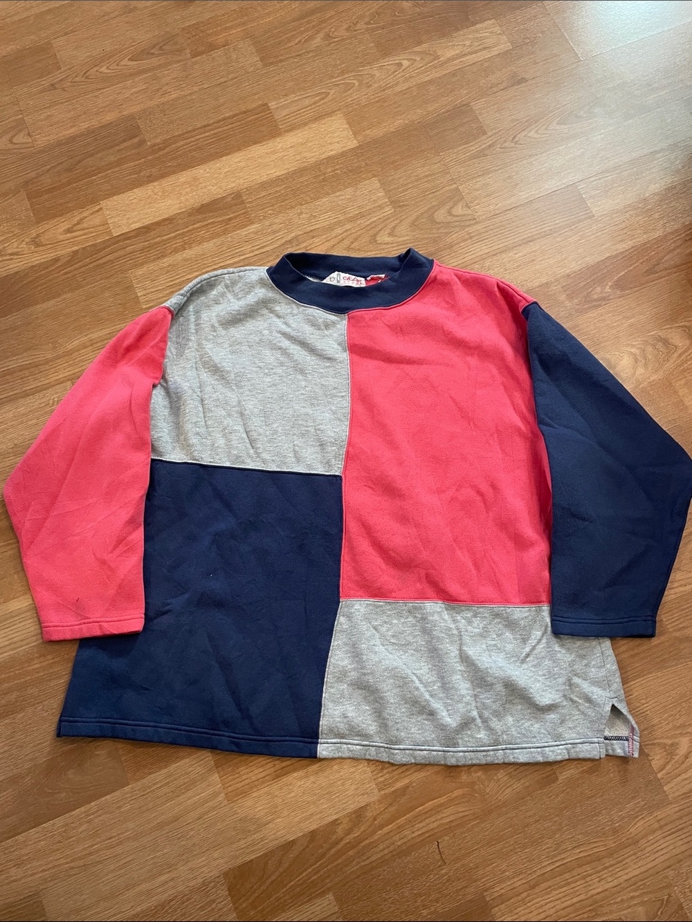 Vintage 90s Block Patchwork Crewneck Sweatshirt Pink Navy Grey Retro size 20W